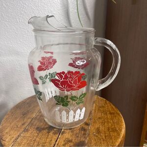 Vintage Large Glass Pitcher Red Roses White Picket Fence Hazel Atlas